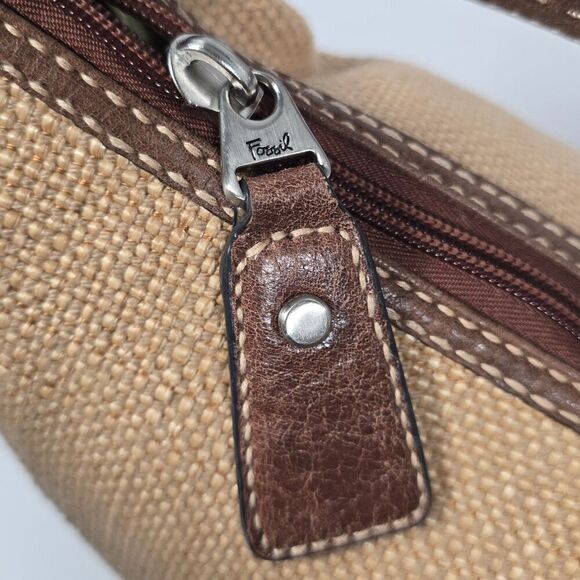 Fossil Shoulder Bag Natural Woven Fabric Paisley Leather Brown Beige Wooden Key - Picture 3 of 13